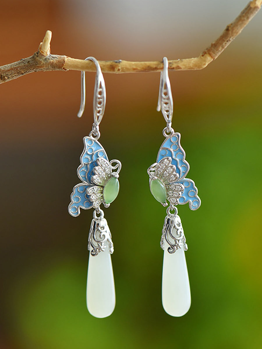 Ethnic Enamel S925Silver Butterfly Earrings Jade Women