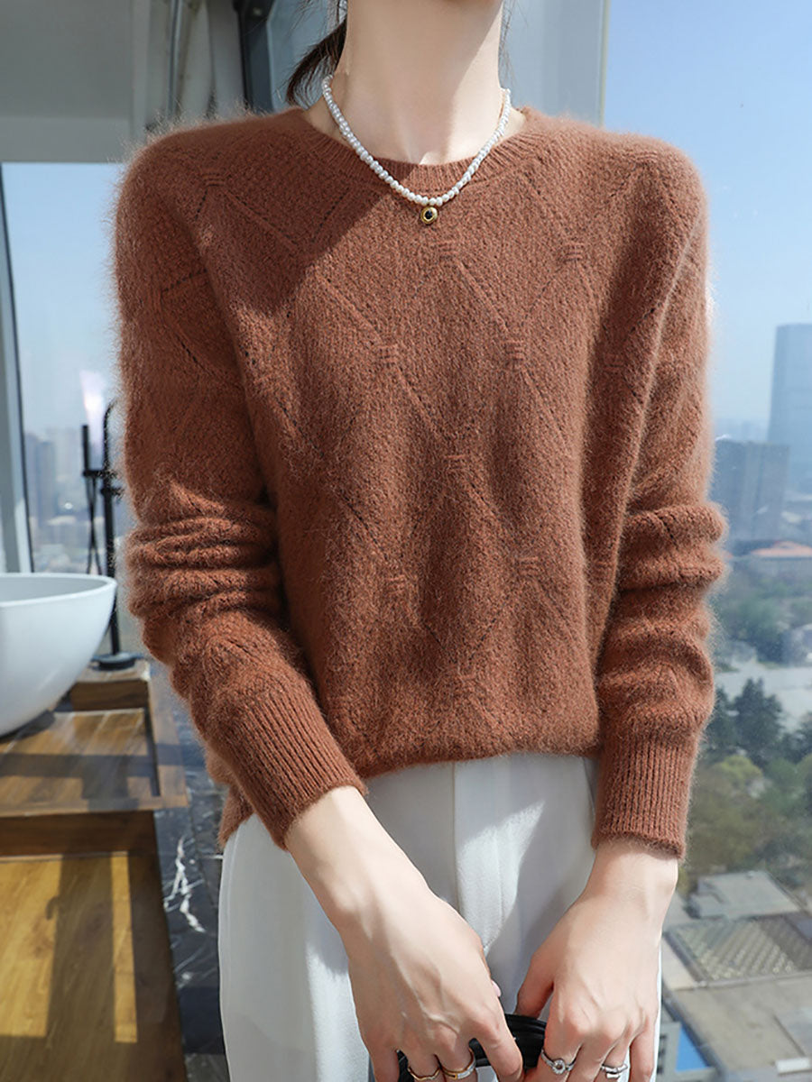 Women Autumn O-Neck Solid Rhomboids Wool Warm Knit Sweater AV1010