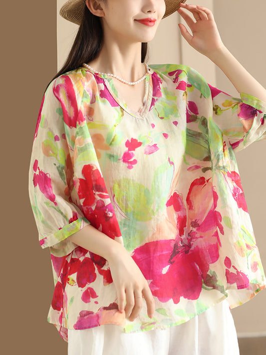 Women Summer Flower V-Neck Ramie Loose Shirt OO1035