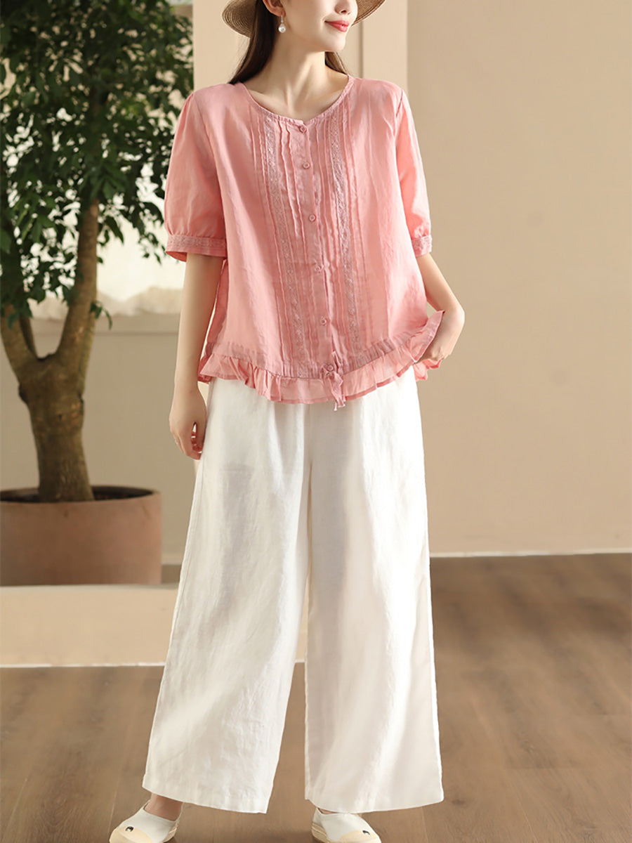 Women Summer Vintage Embroidery Button-up Strap Ramie Shirt FD018