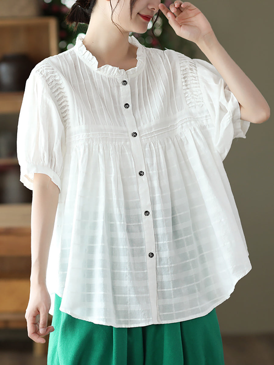 Women Artsy Shirred Stripe Cotton Agaric-Lace Shirt OP1006