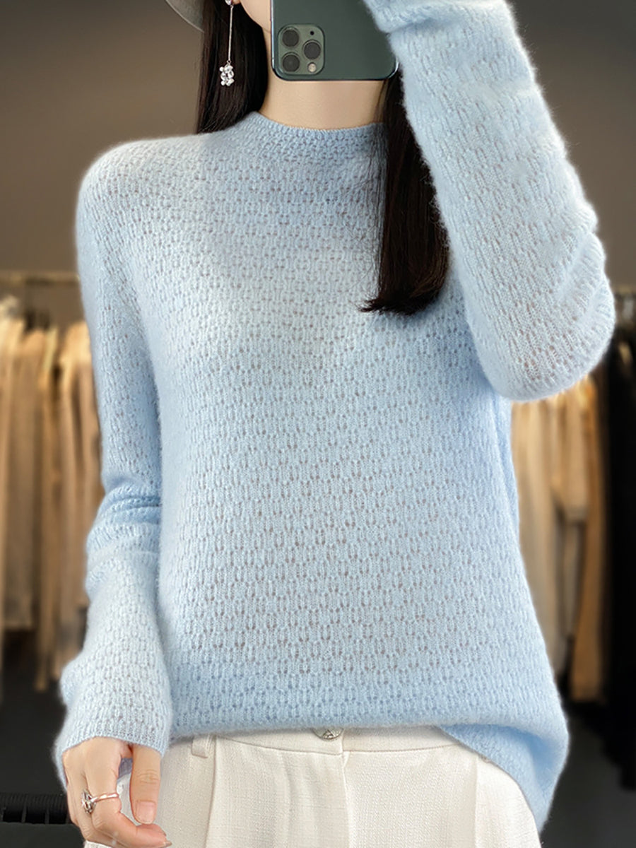 Women Autumn Casual Solid Knit 100%Wool O-Neck Sweater WU010