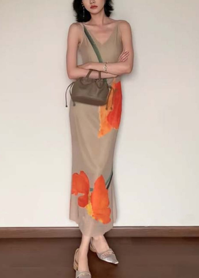 Slim Fit V Neck Print Cotton Long Dress Sleeveless EE017