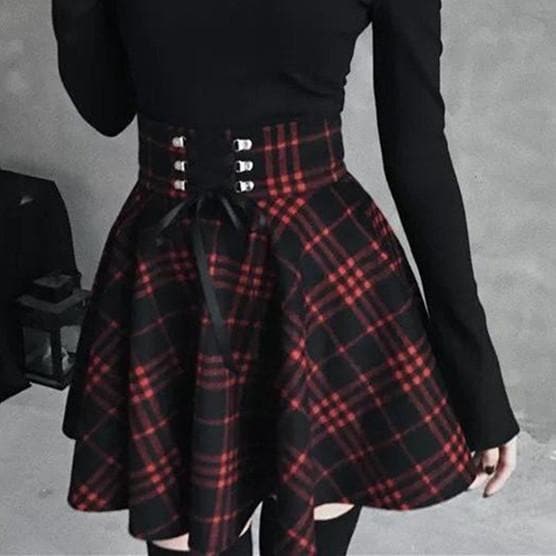 Gothic High Waist Laced Plaid Skirt SP14143