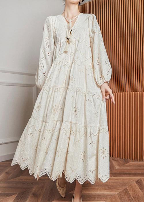 New White Lace Up Hollow Out Cotton Dress Long Sleeve AJ1040