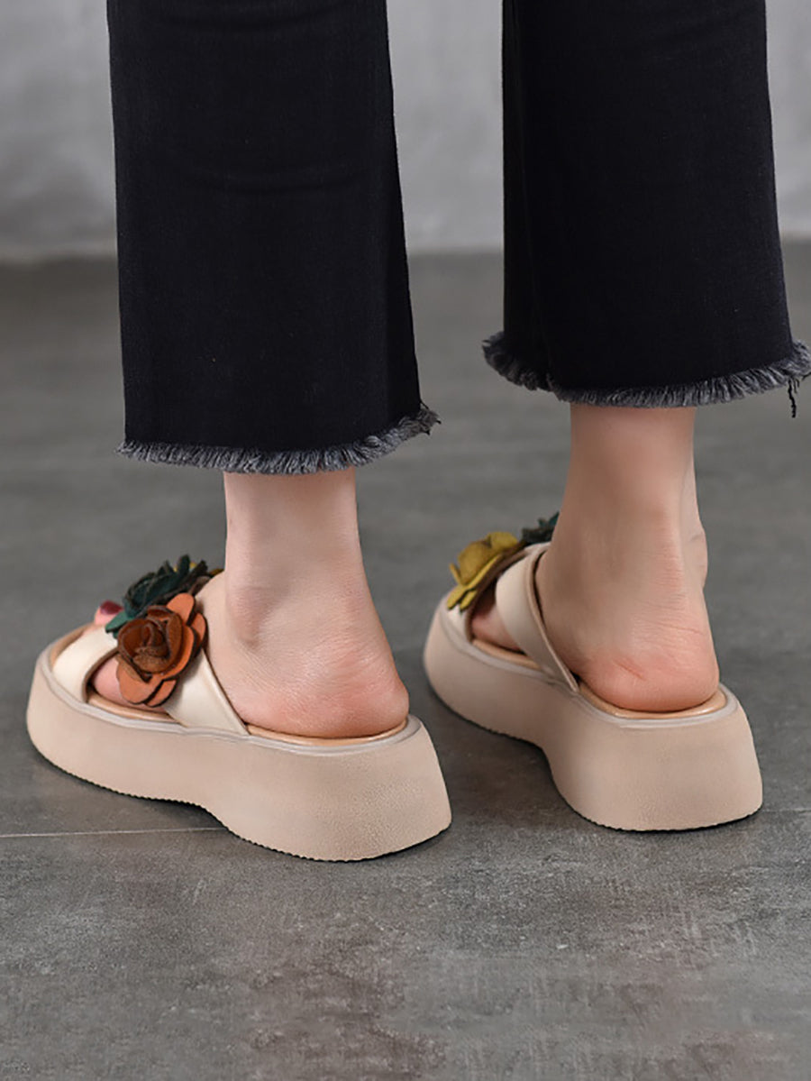 Platform Spliced Leather Summer Women Slippers Flower