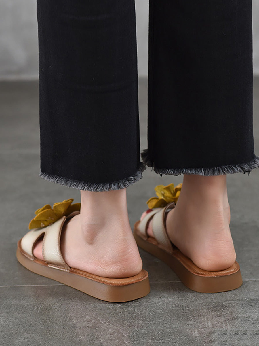 Flower Slippers Genuine Women Leather Casual