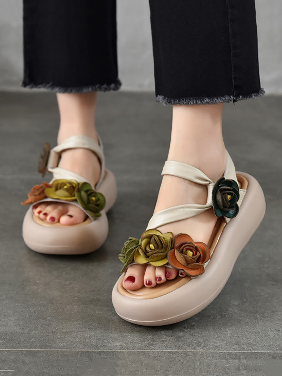 Leather Vintage Sandals FLower Platform Women