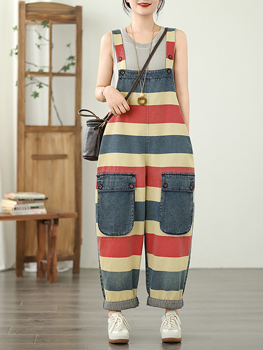 Jumpsuits Stripe Colorblock Summer Women Denim Loose
