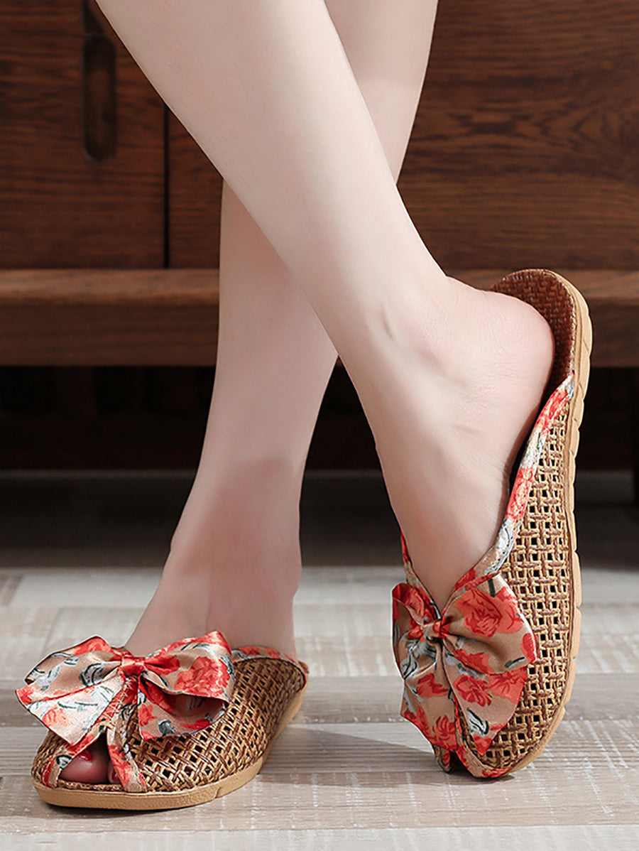 Indoor Weave Slippers Women Straw Flower Ethnic Bowknot