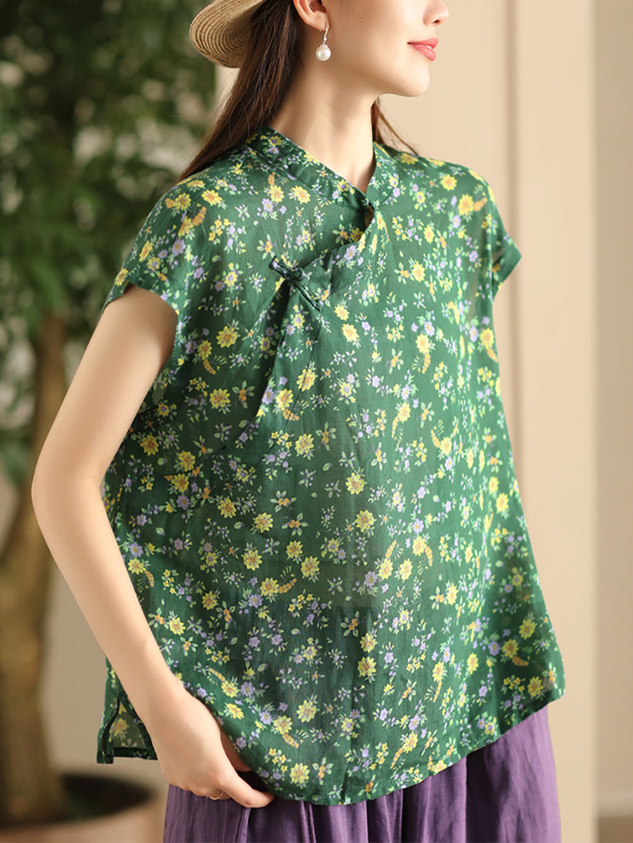 Chemise d'été à col montant et imprimé floral vintage pour femme FD045