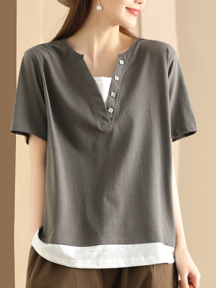 Women Casual Colorblock Pullover V-Neck Cotton Shirt AS1001