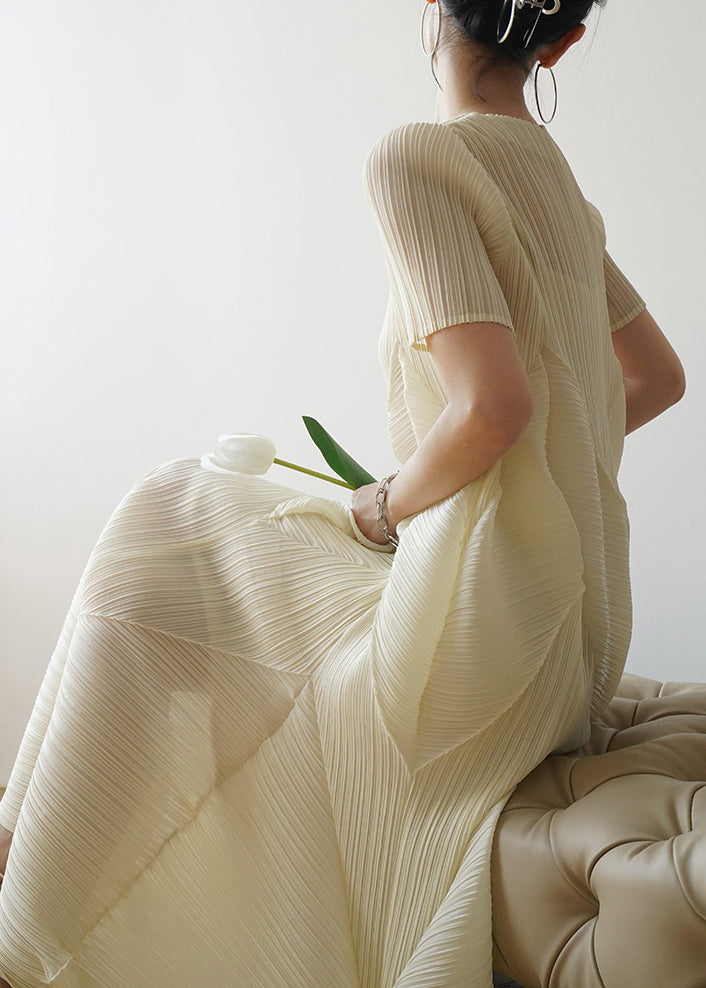 Dresses Summer Wrinkled French Style Beige Cotton