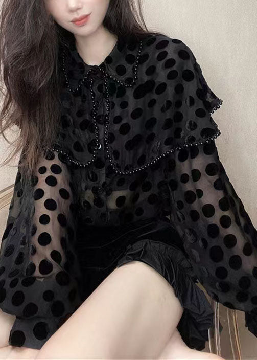 Black Unique Pan Patchwork Nail Peter Velour Collar Blouses Bead