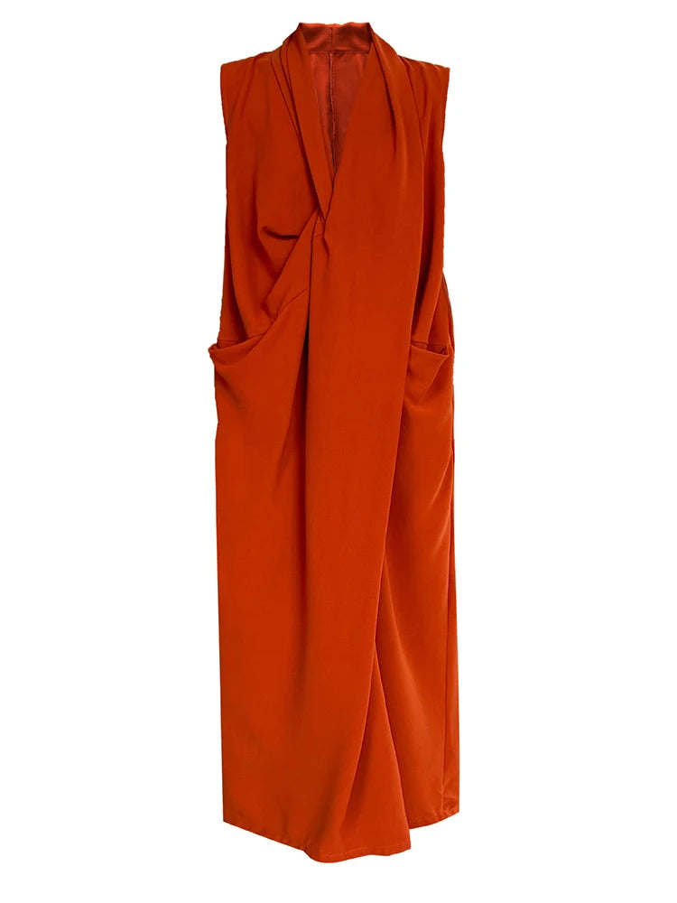 Elegant Sleeveless Midi Draped with Dress Pockets