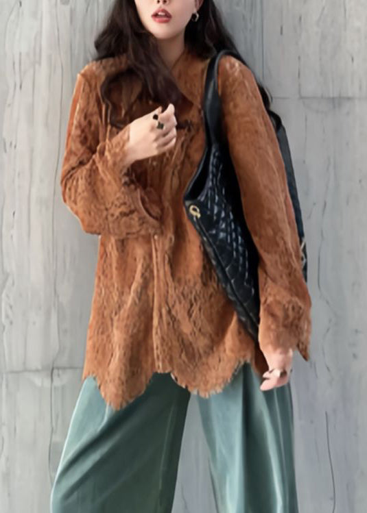 Peter Collar Coffee Flare Shirts Top Lace Fashion Pan Sleeve