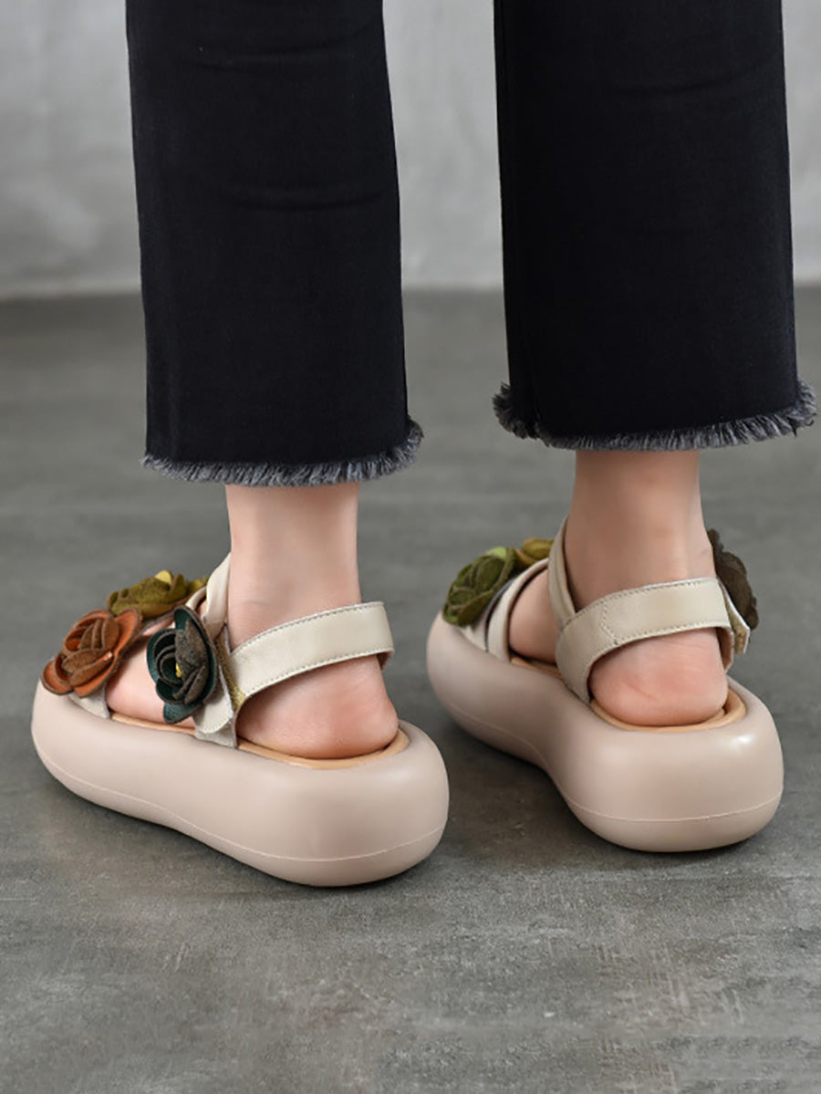 Leather Vintage Sandals FLower Platform Women