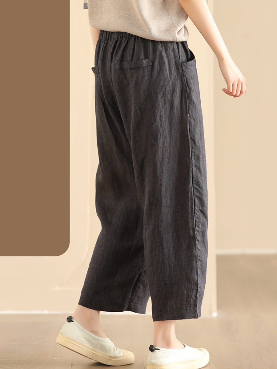 Women Summer Vintage Solid Linen Wide-leg Pants AA1017