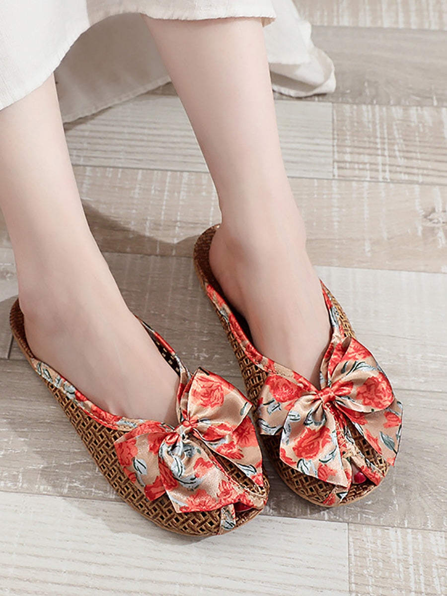 Indoor Weave Slippers Women Straw Flower Ethnic Bowknot