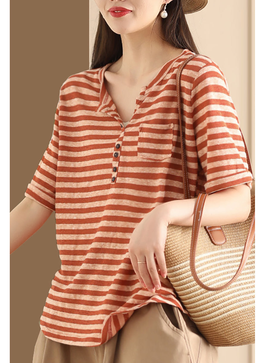 Women Sumer Casual Stripe V-Neck Button Shirt II1019