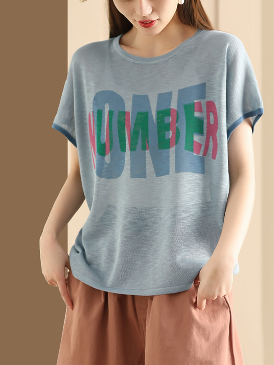 Women Summer Letter Printing Knitted Loose Shirt OP1049