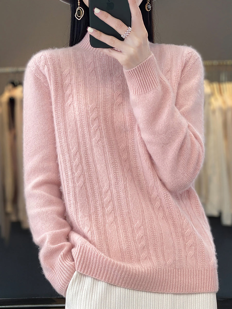 Women Autumn Solid Cable Knit 100%Wool Half Turtleneck Sweater QN027