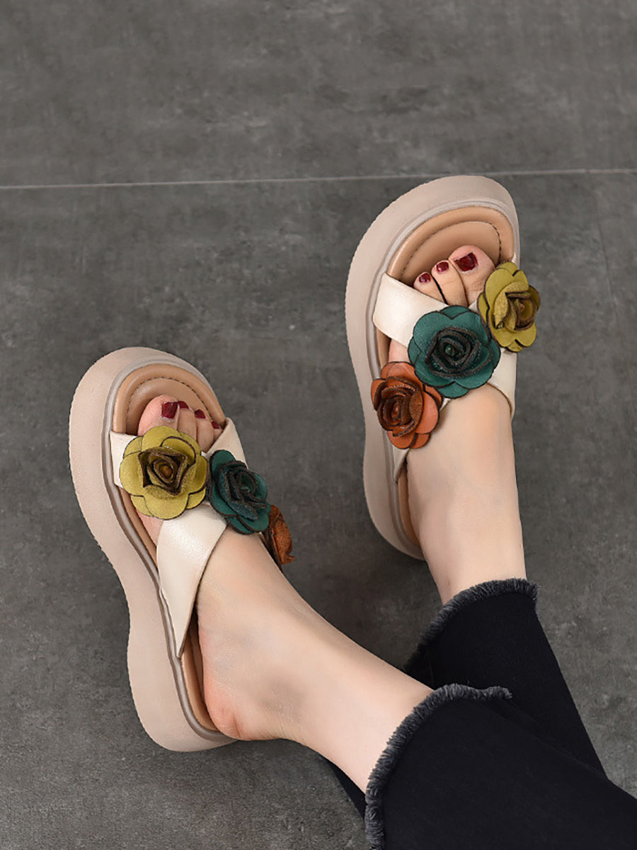 Platform Spliced Leather Summer Women Slippers Flower