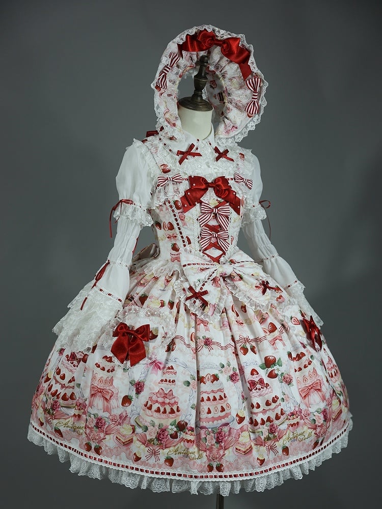 Desserts Accents Strawberry JSK and / Print Sweet Bow Lolita Full White Set