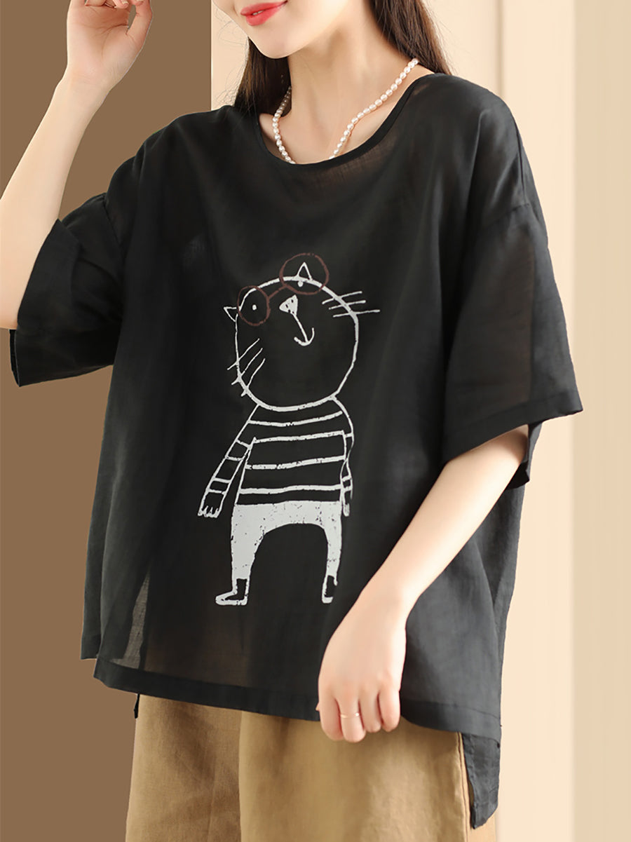 Women Summer Cartoon Cat Print Ramie Pullover Shirt OO1034