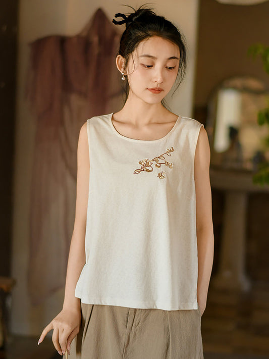 Women Summer Artsy Rmboidery O-Neck Cotton Vest PP1042