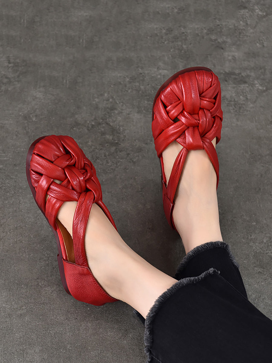 Shoes Flat Leather Genuine Retro Summer Weave Women