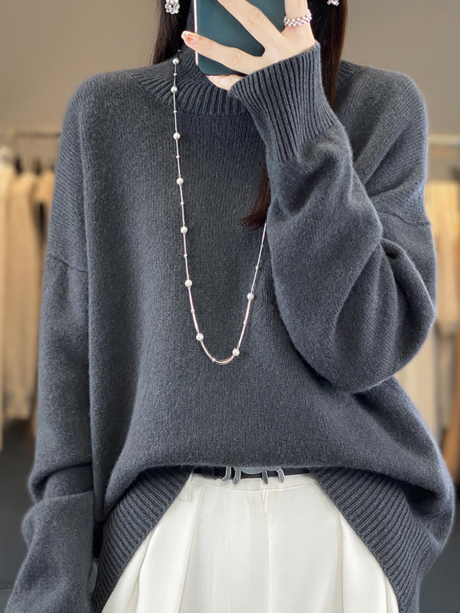 Women Autumn Casual Turtleneck Solid 100%Wool Sweater QU012