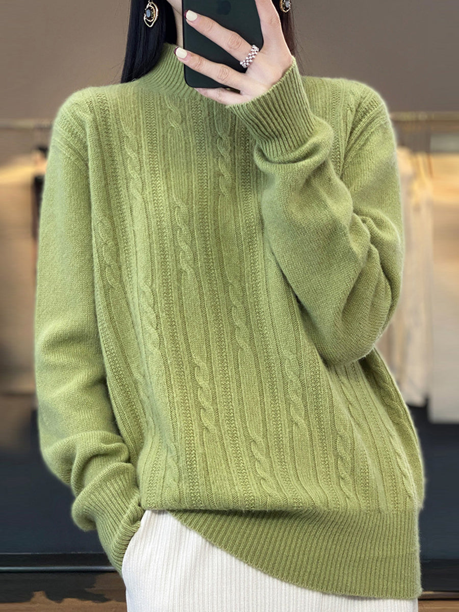 Women Autumn Solid Cable Knit 100%Wool Half Turtleneck Sweater QN027