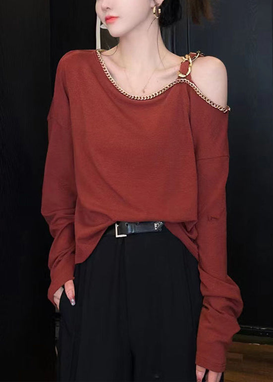 Chic Red Cold Shoulder Chain Linked Cotton Top Long Sleeve TT1001