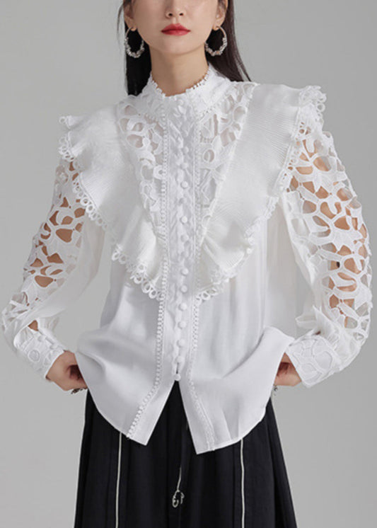 Button Shirts Stylish Cotton Out Spring White Hollow
