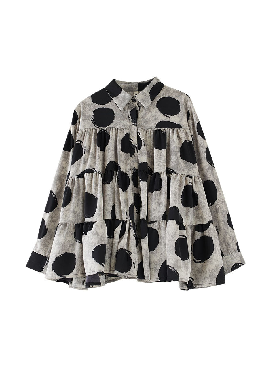 Plus Size Black Peter Pan Collar Dot Wrinkled Cotton Shirts Fall RY023