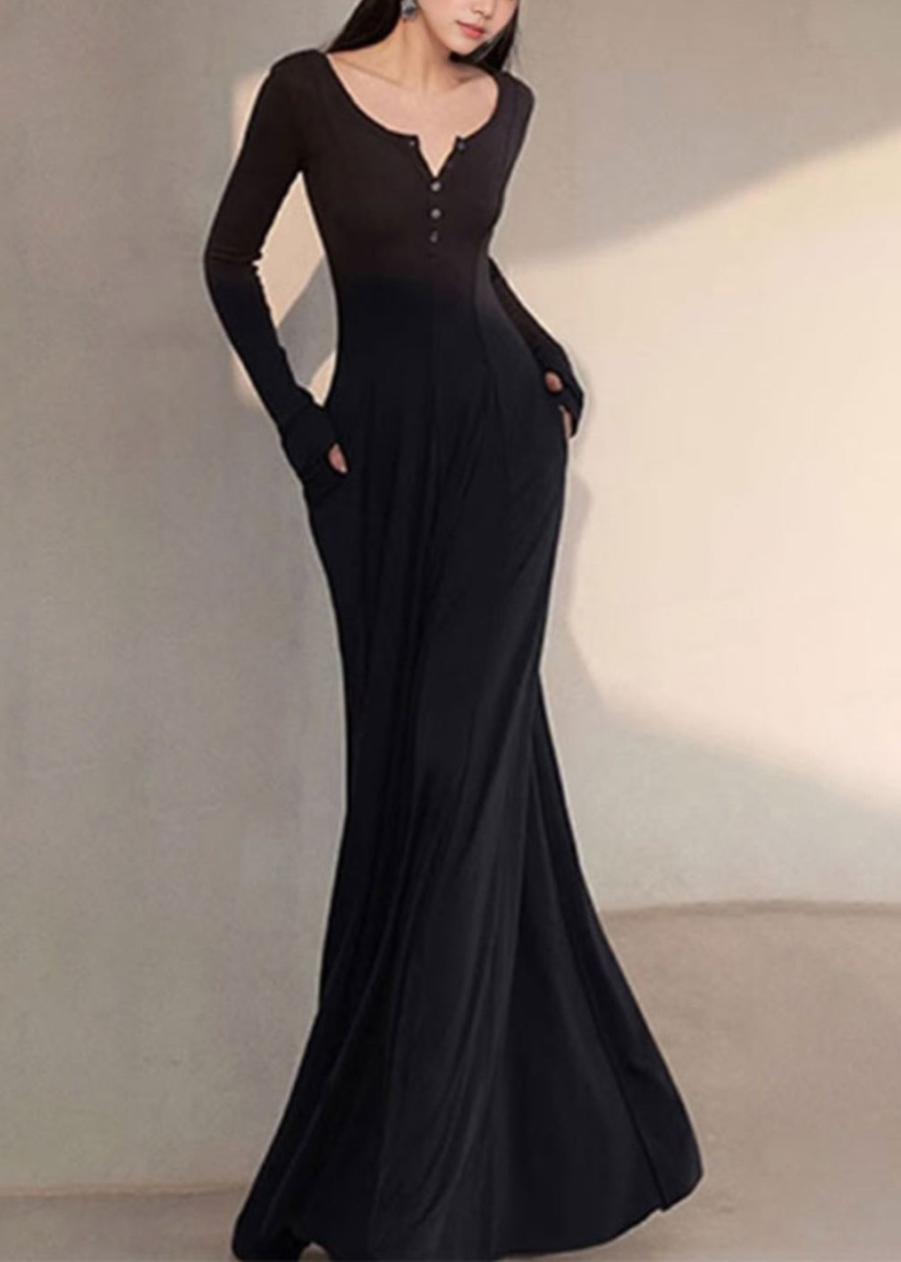 Black V Simple New Long Cotton Slim Dress Neck Fit Spring