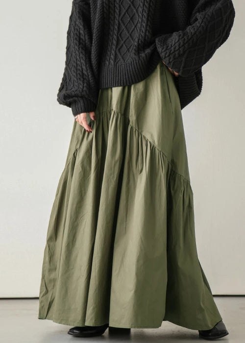 Wrinkled Cotton Skirt Spring Army Elastic Waist Loose Green