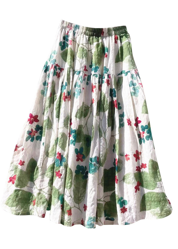 New Summer Green Skirt Elastic Cotton Print Waist