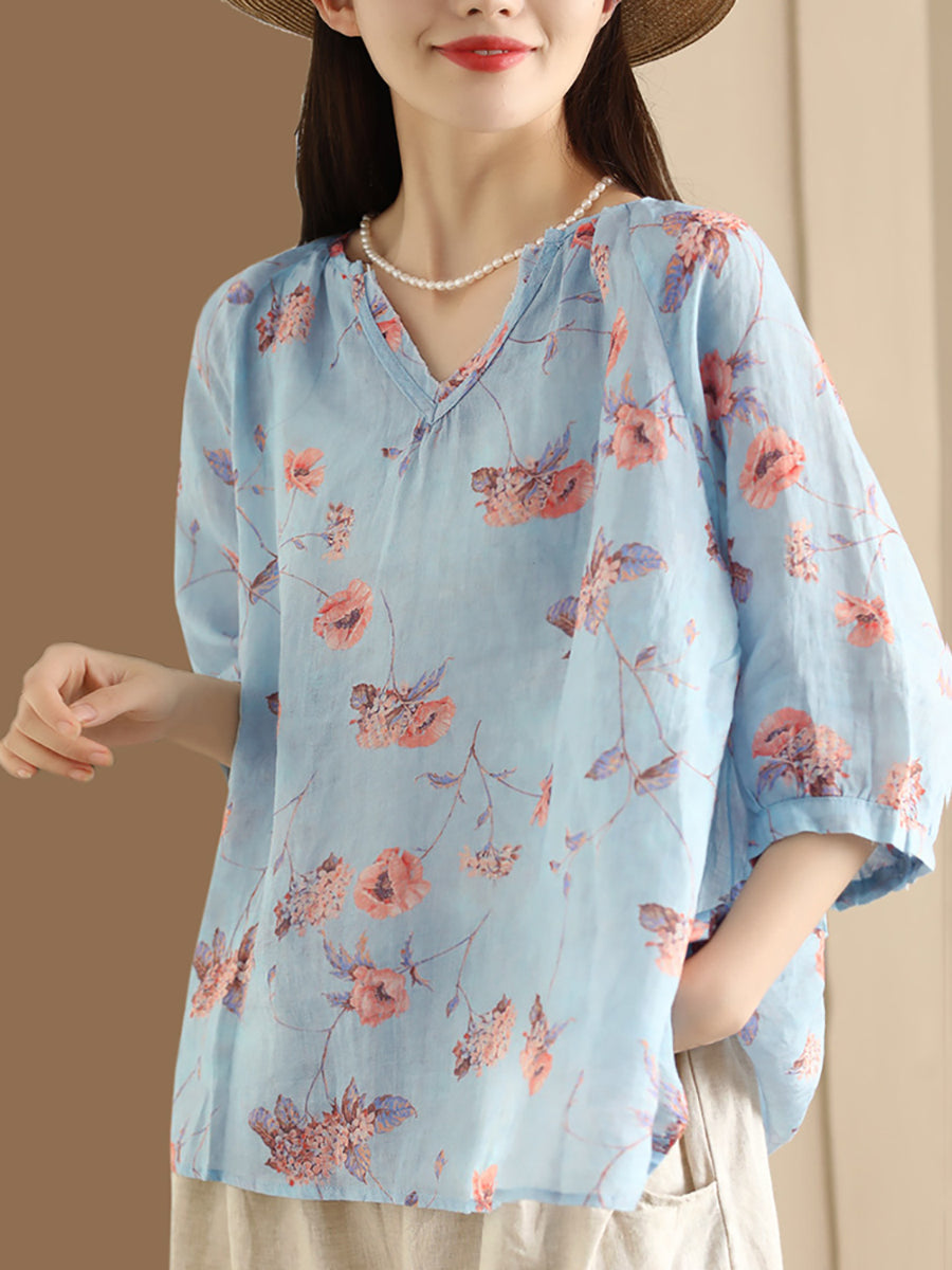 Women Summer Flower V-Neck Ramie Loose Shirt OO1035