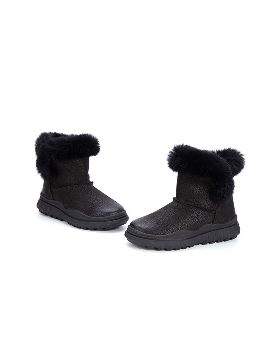 Women Solid Leather Plush Spliced Winter Boots AX1046