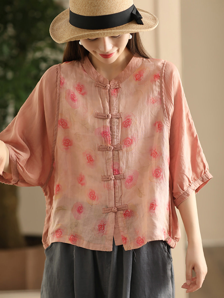 Damen Sommer Vintage Blumen Gespleißtes Button-up Ramie Hemd FD042