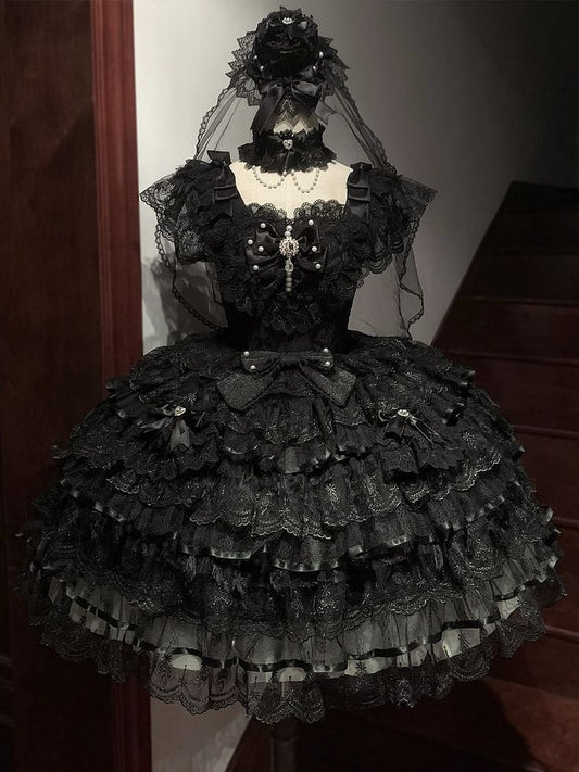 Dress Fabric Tiered Hime Hanayome Lolita Bodice Butterfly All Skirt Black