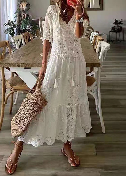 Hollow White Dress Party Elegant Ruffled Summer Out Cotton