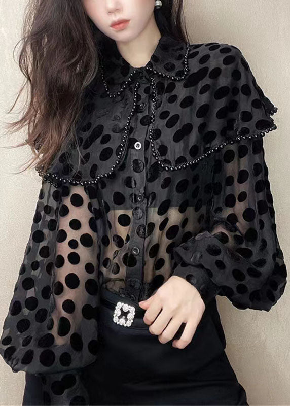 Black Unique Pan Patchwork Nail Peter Velour Collar Blouses Bead