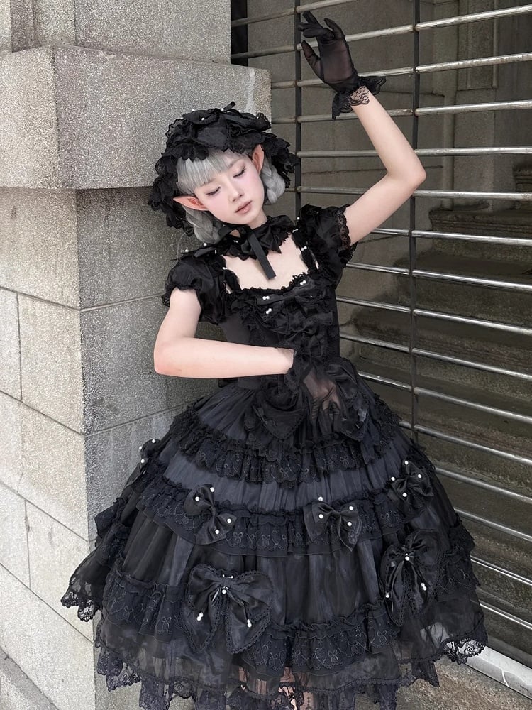 Bow Princess All Details at Big Black Back Dress Lolita Bead with Accents and
