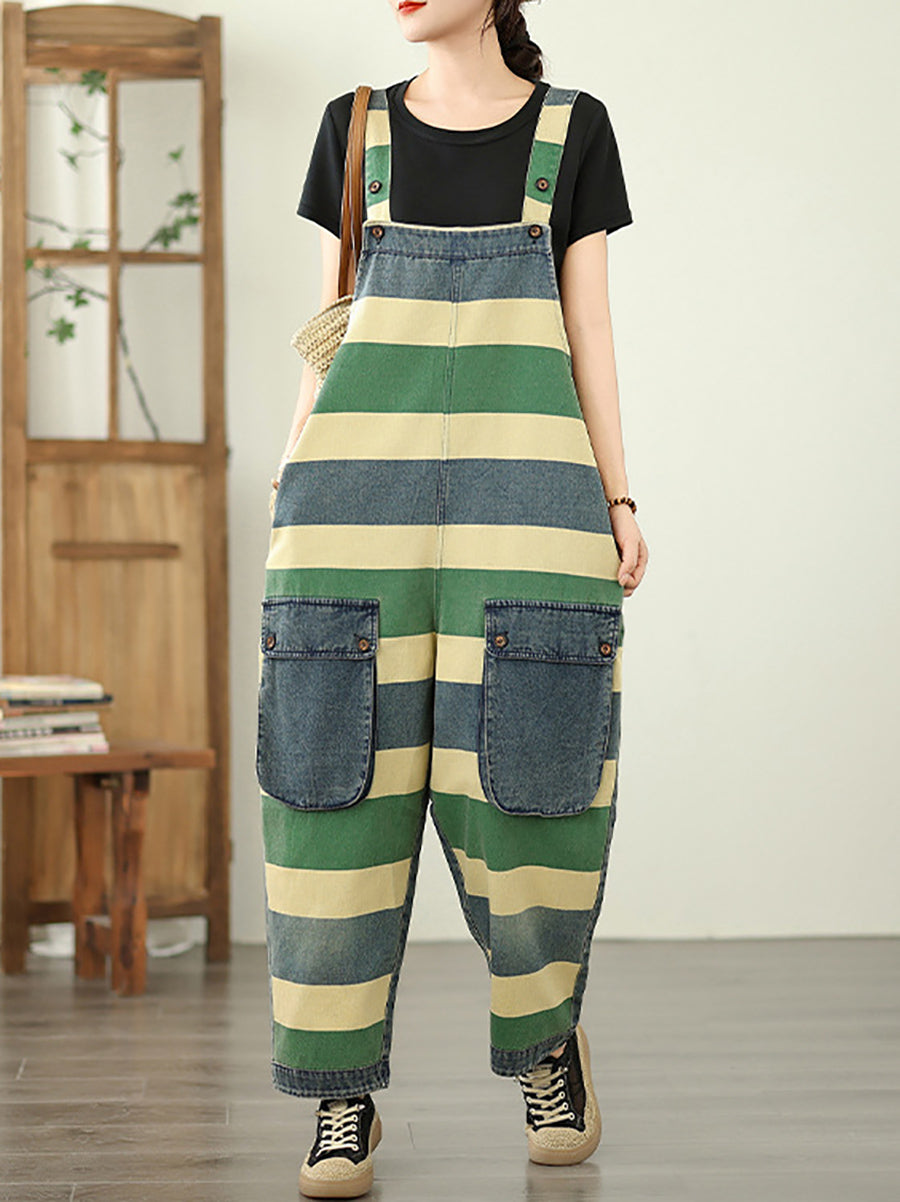 Jumpsuits Stripe Colorblock Summer Women Denim Loose
