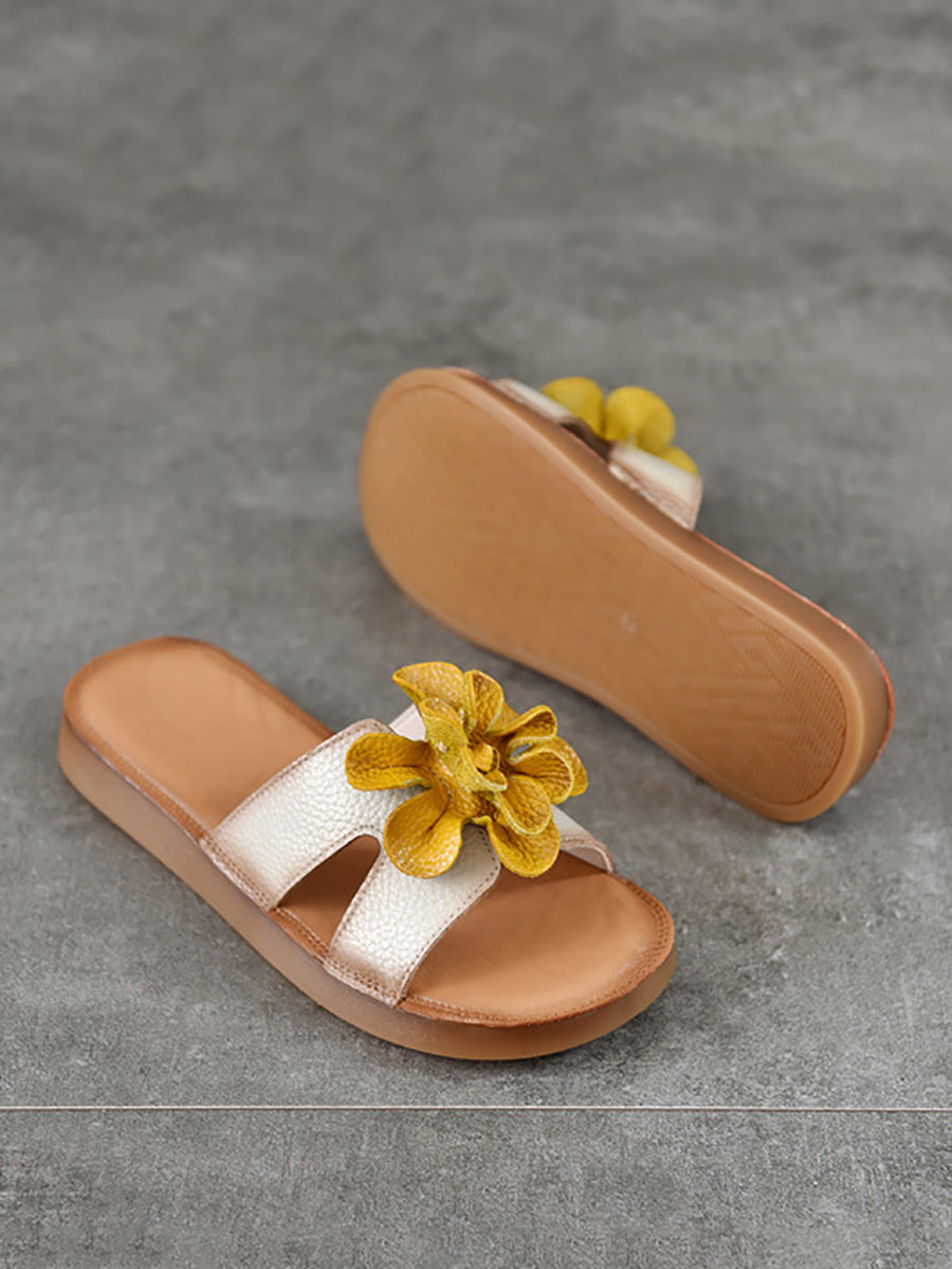 Flower Slippers Genuine Women Leather Casual