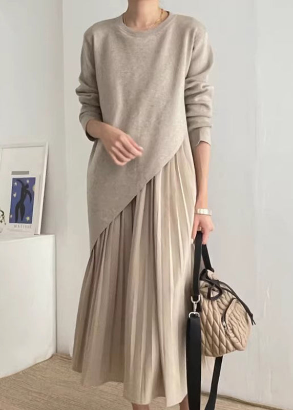Set Piece Dress Knit Two Asymmetrical Beautiful Wrinkled Khaki