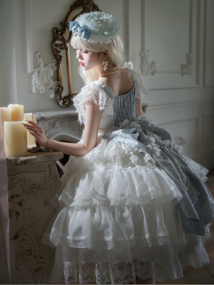 Set Hanayome JSK Dress Bows Decoration Full Blue White Skirt Tiered Hime Lolita and